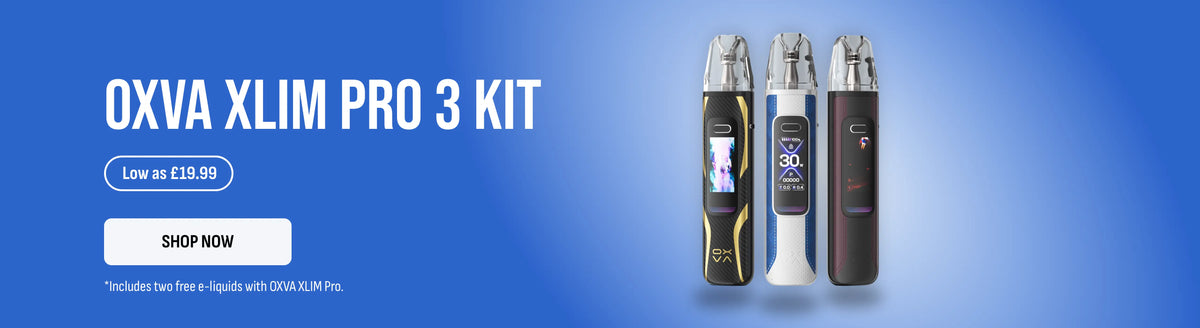 a banner showing oxva xlim pro 3 products on a blue background