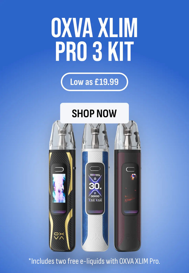 a banner showing oxva xlim pro 3 products on a blue background