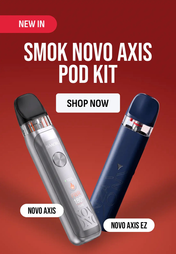 Promotional graphic for the Smok Novo Axis Pod Kit on a red gradient background, showing two vape pod devices: a silver Novo Axis and a dark blue Novo Axis EZ, with 'NEW IN', 'SHOP NOW', and model labels.