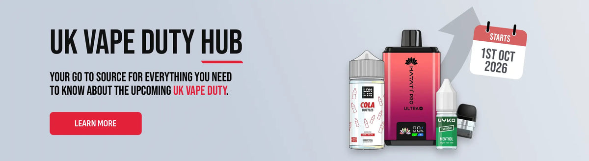 Promotional banner for UK Vape Duty hub featuring several vape devices and e-liquid bottles on the right, with text on the left reading 'UK VAPE DUTY HUB' and a red 'LEARN MORE' button.