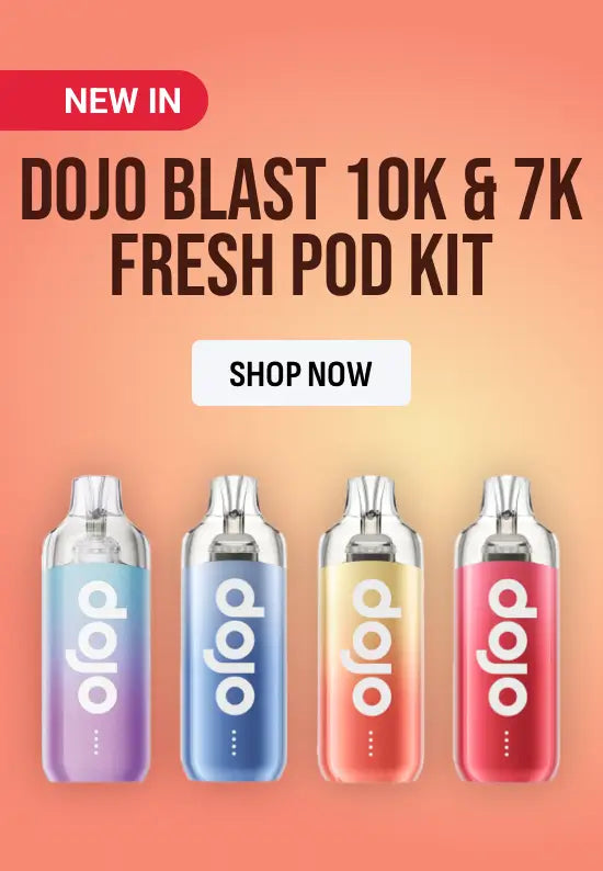 Promotional graphic for a DOJO Blast 10K & 7K Fresh Pod Kit showing four pod devices in different colors (purple, blue, yellow, and red) against a peach gradient background with 'NEW IN' and 'SHOP NOW' text.