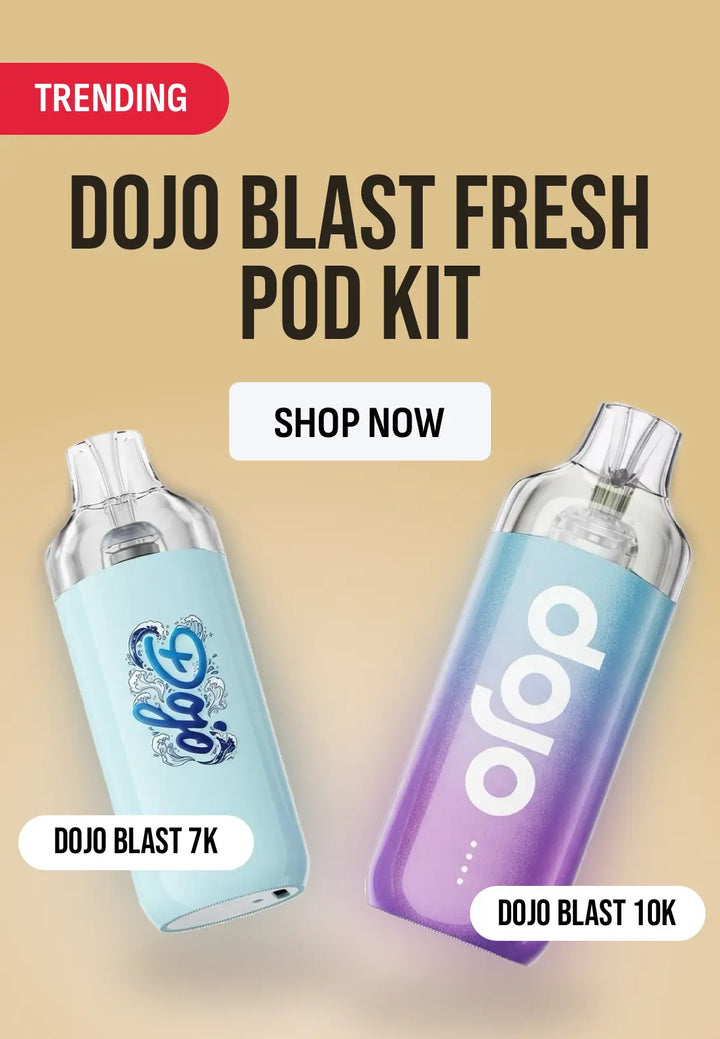 Promotional graphic for the Dojo Blast Fresh Pod Kit showing two vape pods on a beige background: a light blue Dojo Blast 7K pod on the left and a blue-to-purple gradient Dojo Blast 10K pod on the right, with 'TRENDING', 'SHOP NOW', and model labels.