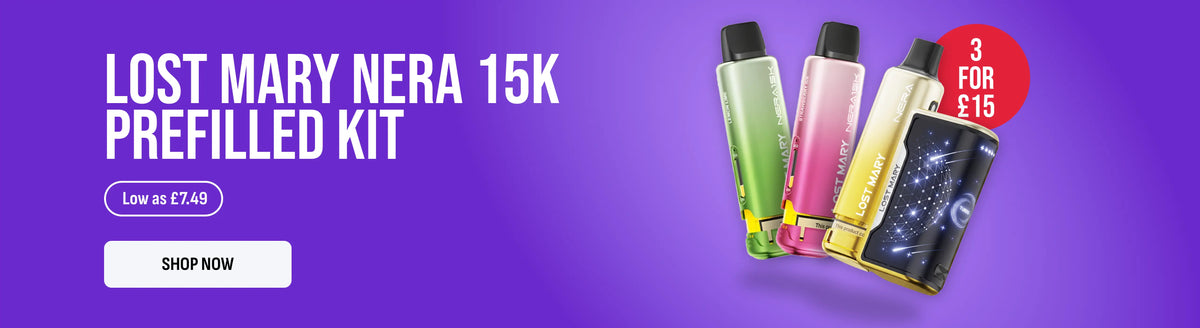 a banner showing a range of lost mary nera 15k products on a blue and purple gradient background