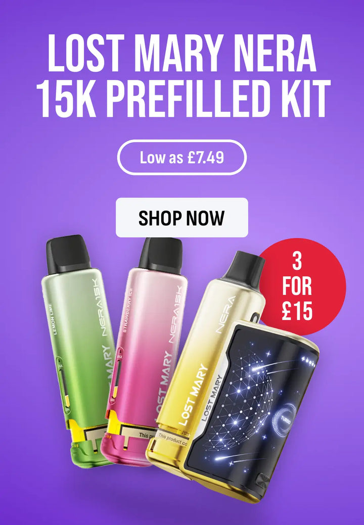 a banner showing a range of lost mary nera 15k products on a blue and purple gradient background