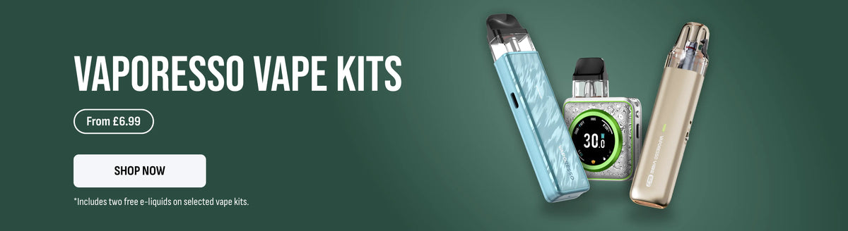 a banner showing various vaporesso vape kits on a green background