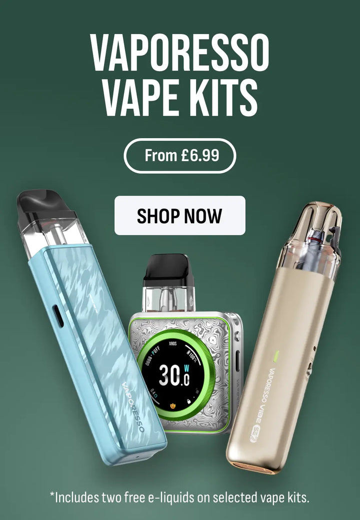 a banner showing various vaporesso vape kits on a green background