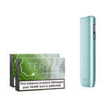 Terea tobacco product packaging with a silver electronic device on a white background