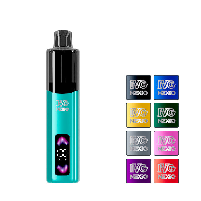 IVG Nexio Prefilled Pod Kit with eight squares showcasing eight out of the seventeen flavours available