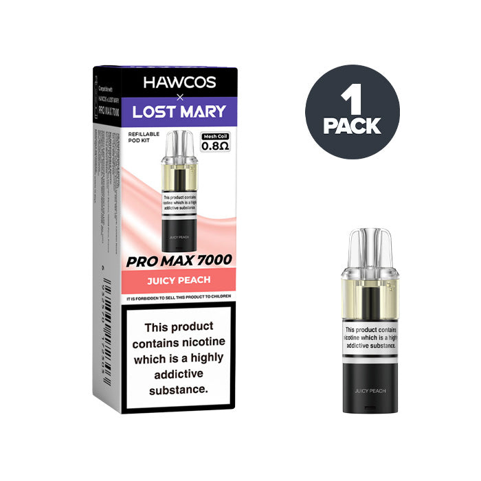 Juicy Peach Hawcos X Lost Mary 7000 Pro Max Prefilled Pod and Box