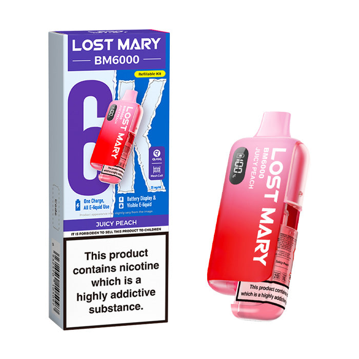 Juicy Peach Lost Mary BM6000 Prefilled Pod Kit and Box