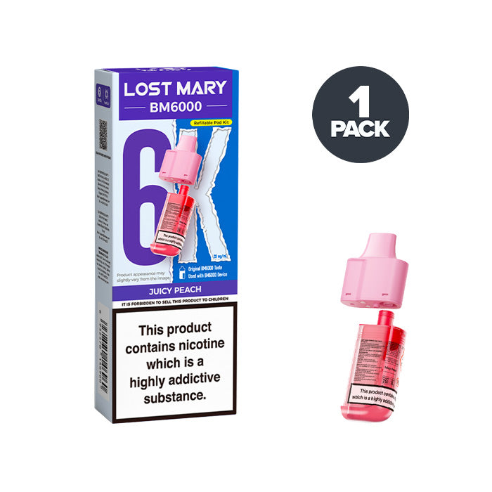 Juicy Peach Lost Mary BM6000 Prefilled Pod and Box