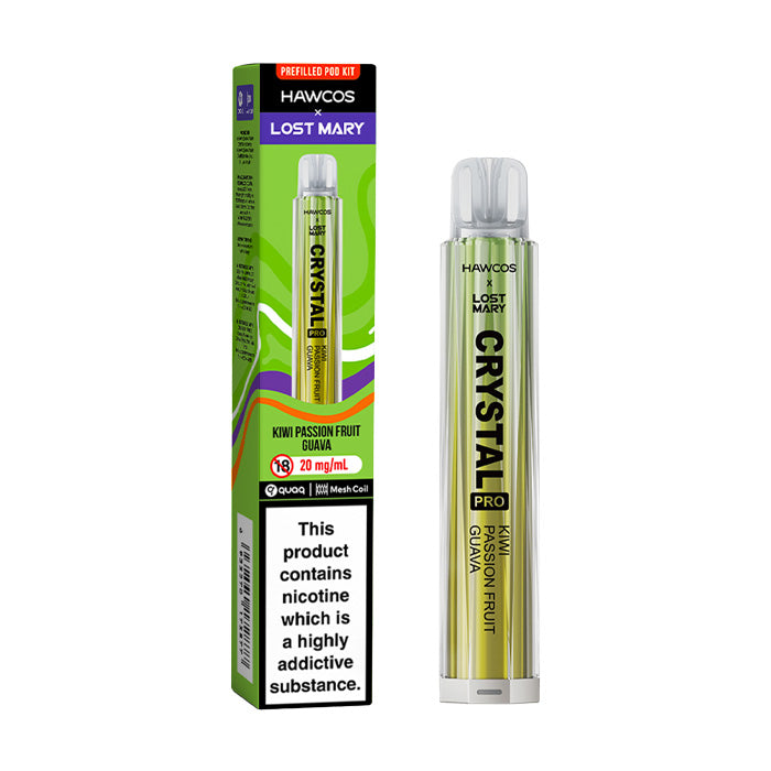 Kiwi Passion Fruit Guava Hawcos x Lost Mary Crystal Pro Vape Kit and Box
