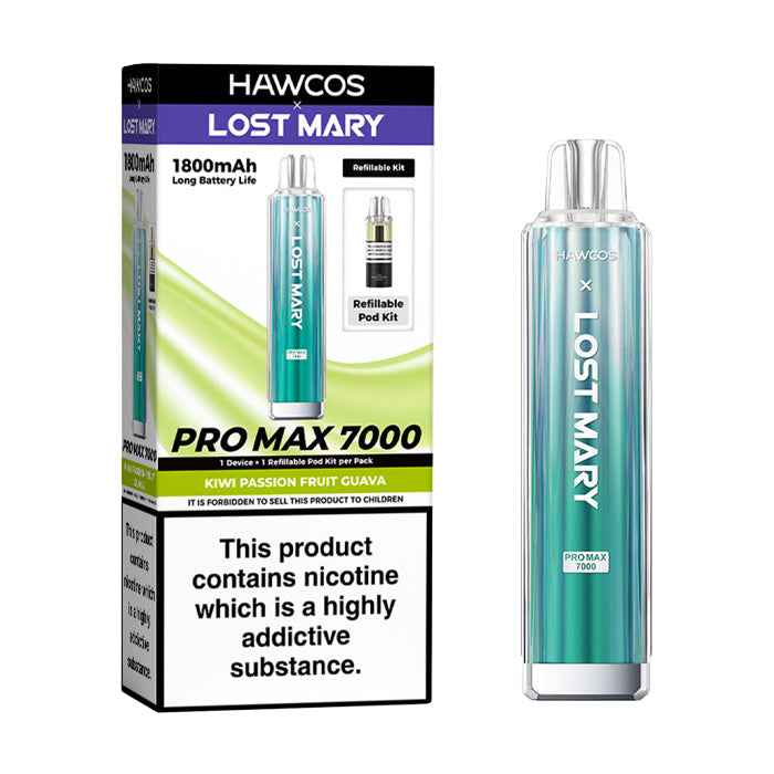 Kiwi Passionfruit Guava Hawcos X Lost Mary 7000 Pro Max Prefilled Pod Kit and Box
