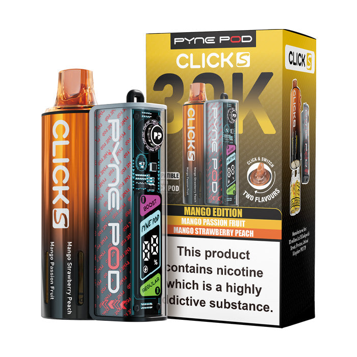 Mango Edition Pyne Pod Click S 30K Pod Kit and Box