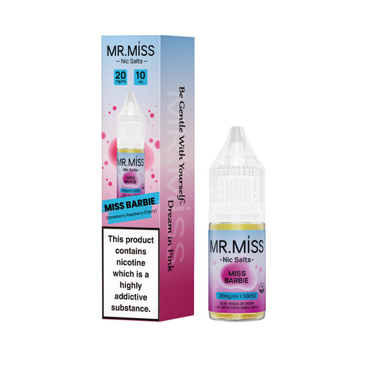 A bottle of Miss Barbie 10ml Nic Salt E-Liquid with the box on a white background