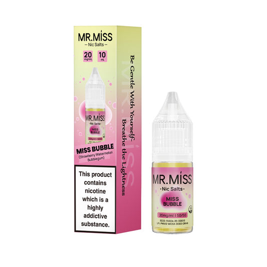 A bottle of Miss Bubble 10ml Nic Salt E-Liquid with the box on a white background