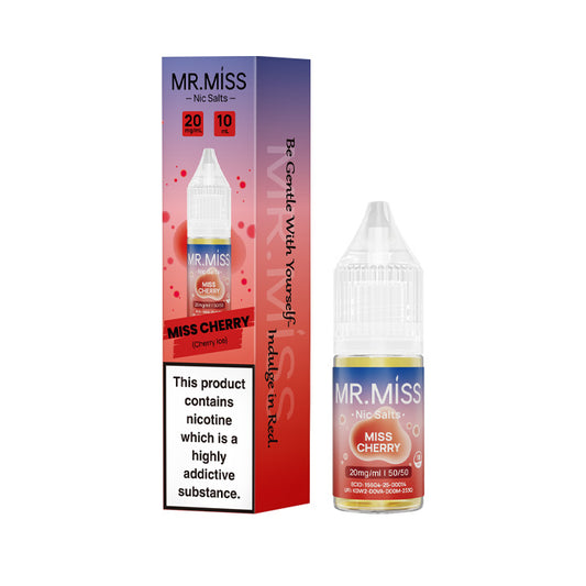 A bottle of Miss Cherry 10ml Nic Salt E-Liquid with the box on a white background