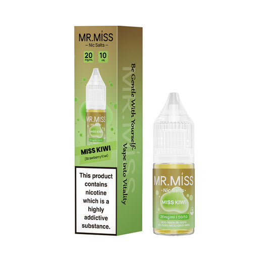 A bottle of Miss Kiwi 10ml Nic Salt E-Liquid with the box on a white background