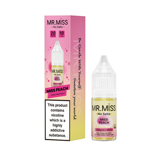 A bottle of Miss Peach 10ml Nic Salt E-Liquid with the box on a white background