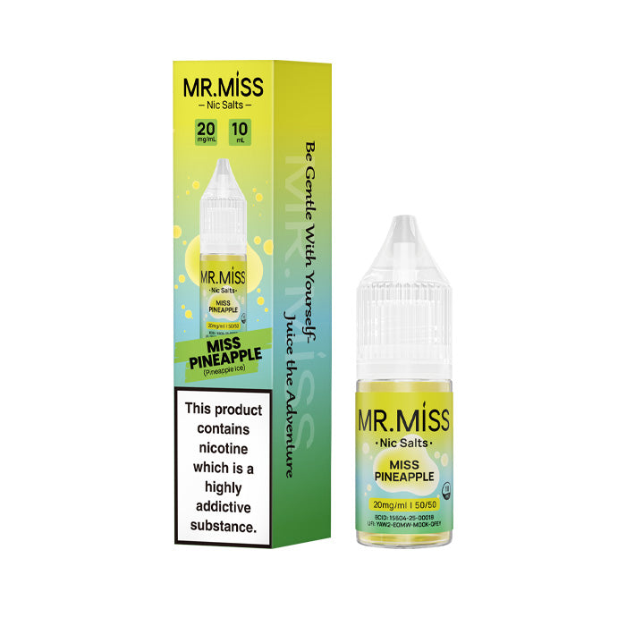 A bottle of Miss Pineapple 10ml Nic Salt E-Liquid with the box on a white background