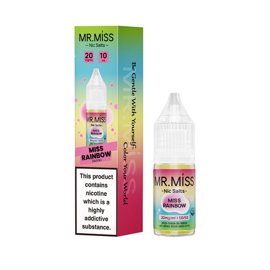 A bottle of Miss Rainbow 10ml Nic Salt E-Liquid with the box on a white background