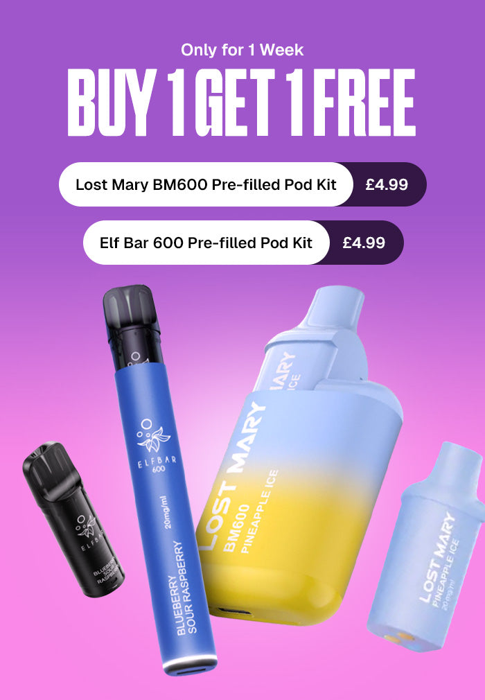 Promotional graphic for Lost Mary and Elf Bar pre-filled pod kits with a buy one get one free offer on a purple and pink gradient background.