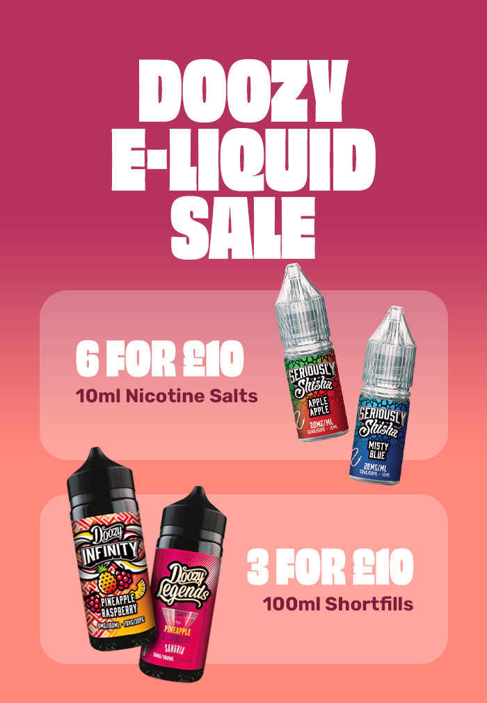 Advertisement for Doozy e-liquid sale with product images and pricing on a pink background
