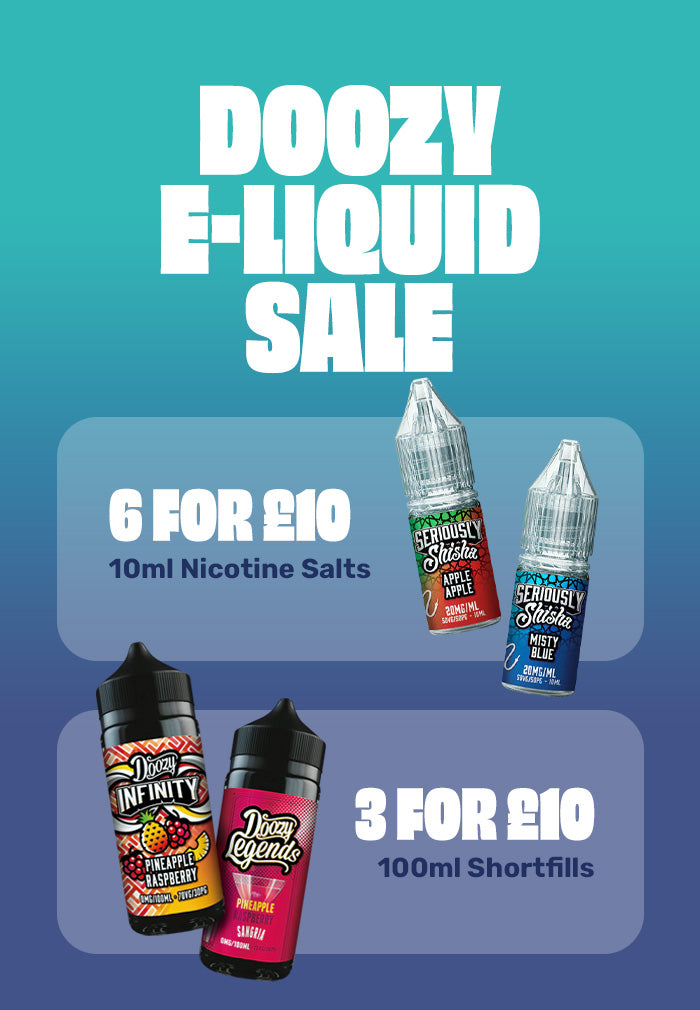 Advertisement for Doozy e-liquid sale with product images and pricing on a blue and green gradient background.