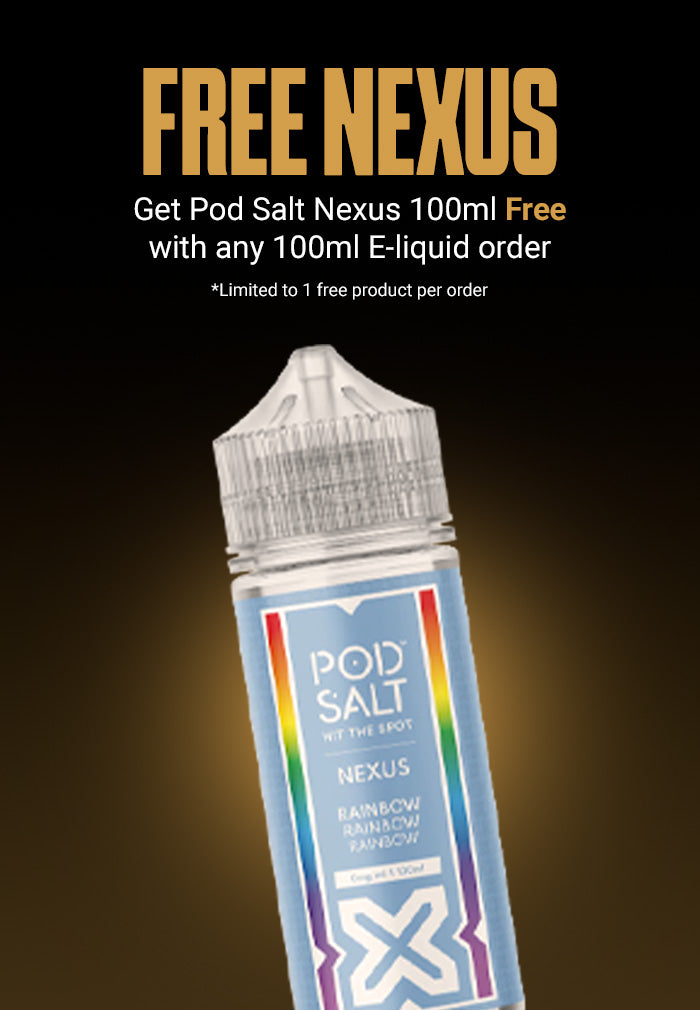 Pod Salt Nexus 100ml e-liquid bottle with promotional text on a dark background