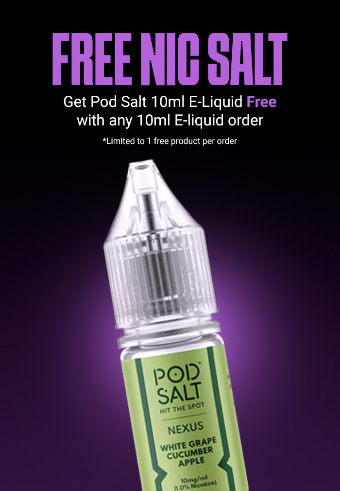 Pod Salt e-liquid bottle with promotional text on a purple background