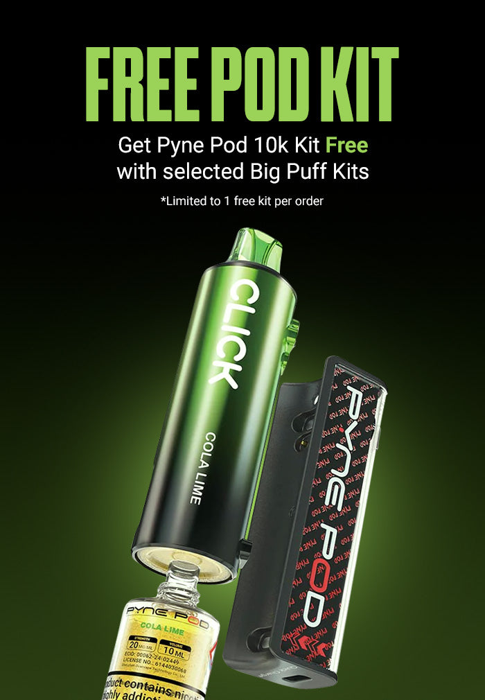 Promotional graphic for Pyne Pod 10k Kit with a green vape device and bottle on a dark background.