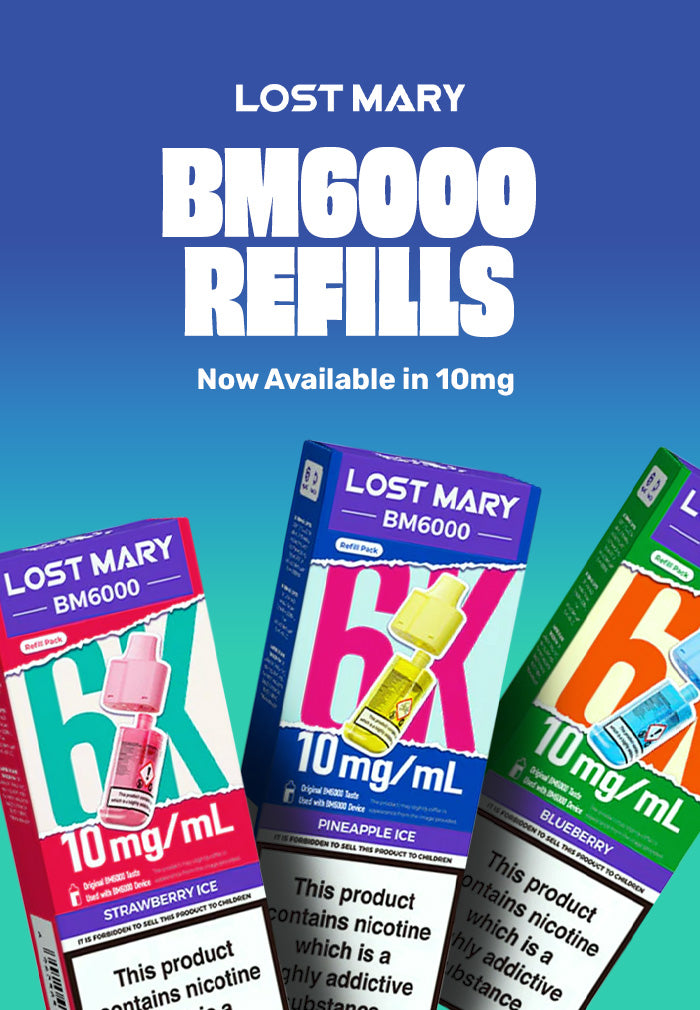 Lost Mary BM6000 refills packaging with blue and green designs on a blue background.