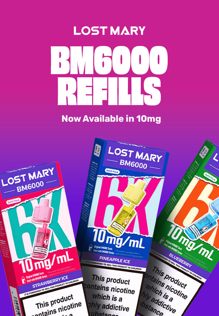 Lost Mary BM6000 refills packaging on a purple background with product details.