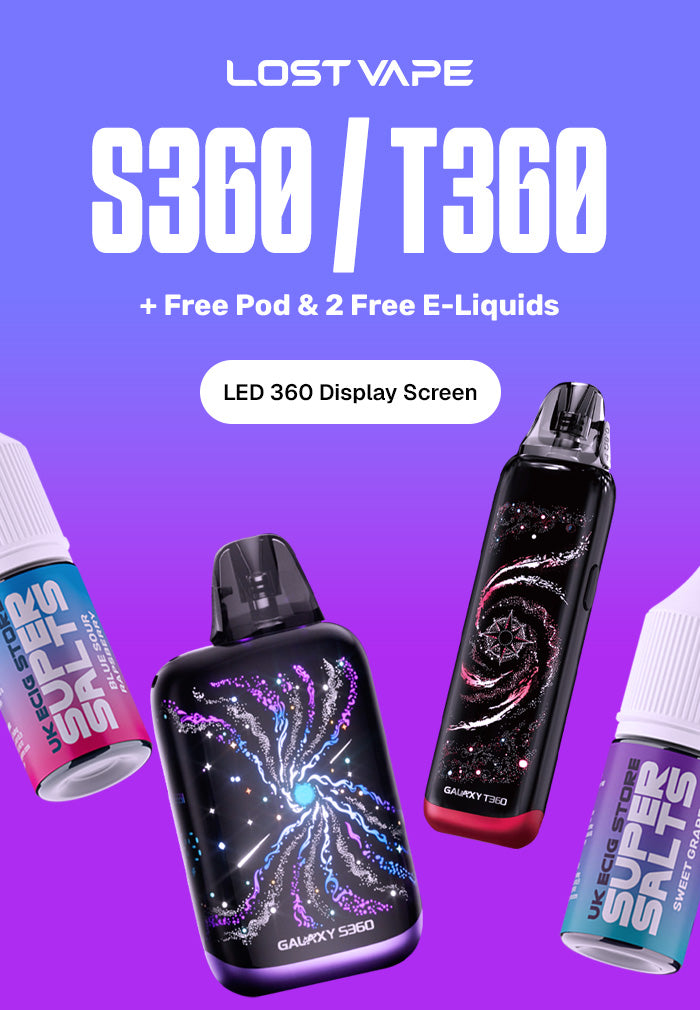 Lost Vape S360/T360 vape devices with colorful packaging on a purple background