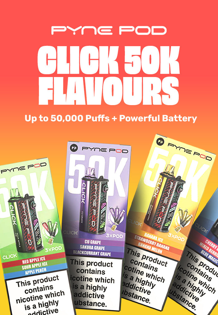 Promotional image of Pyne Pod vaping devices with colorful packaging and text on a gradient background.