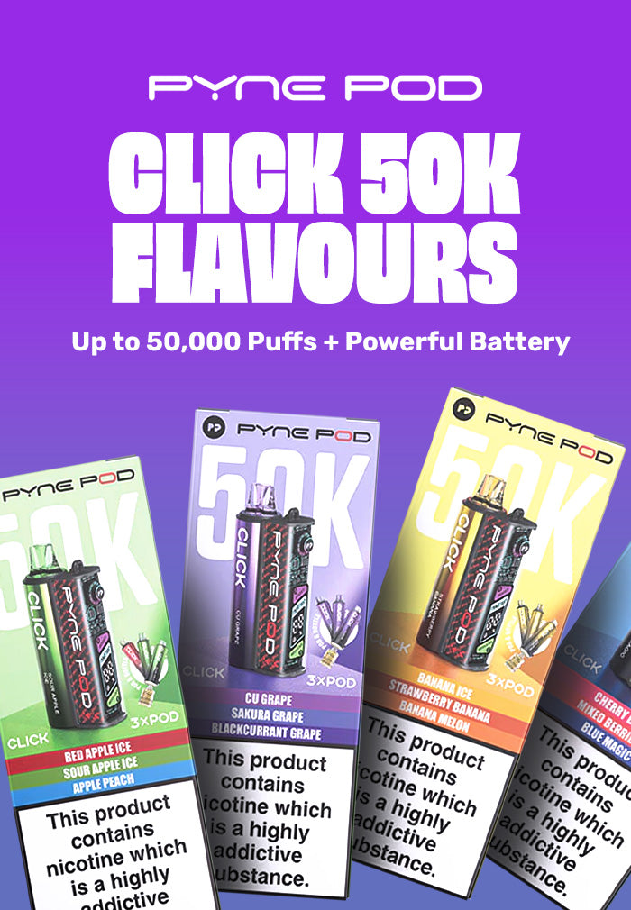 Promotional image of Pyne Pod vape devices with colorful packaging and text on a purple background.