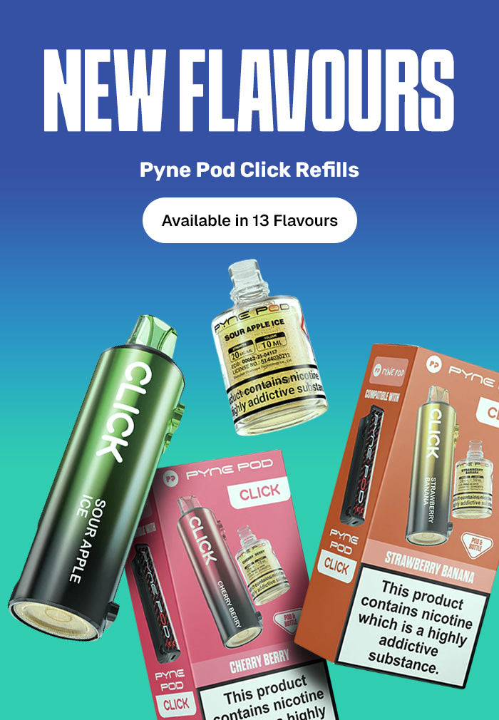 Promotional banner for Pyne Pod Click Refills with product packaging and text on a blue background.