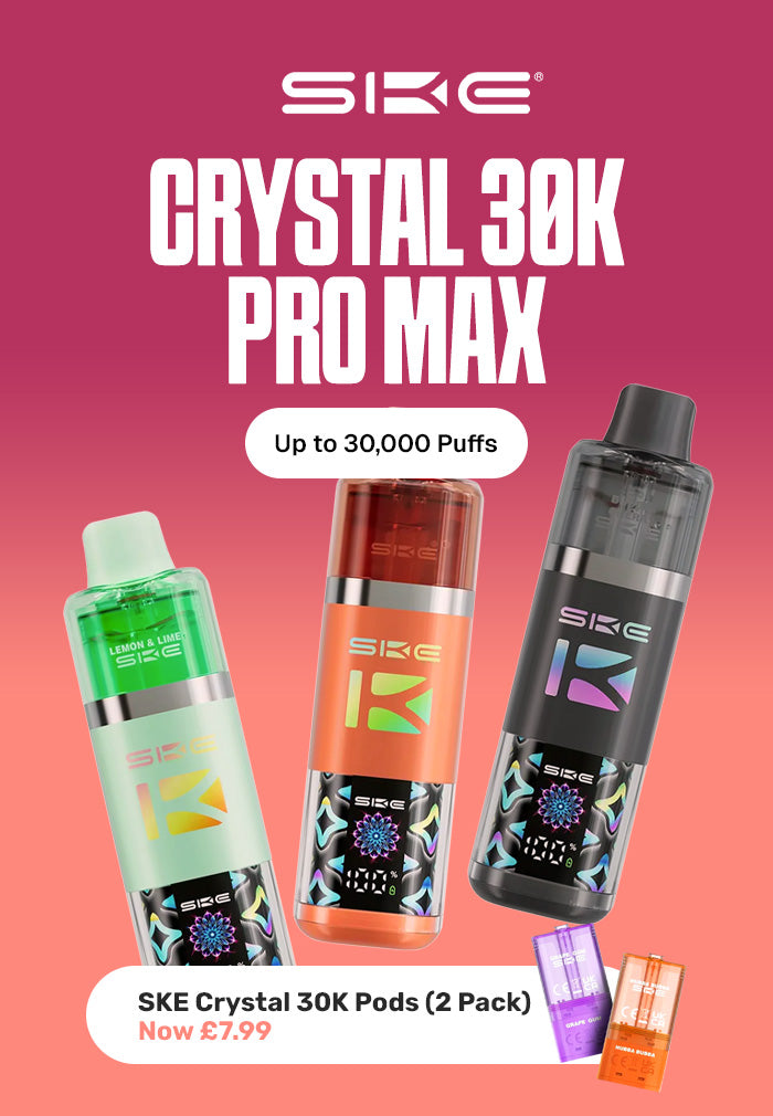 Three SKE Crystal 30K vape devices on a pink background with promotional text.
