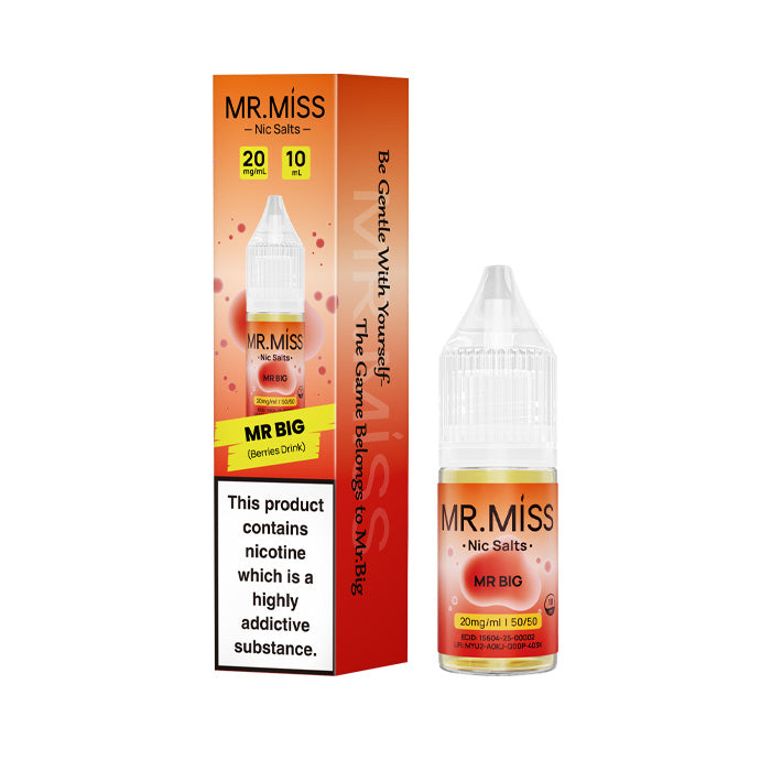 A bottle of Mr Big 10ml Nic Salt E-Liquid with the box on a white background