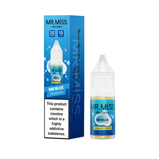 A bottle of Mr Blue 10ml Nic Salt E-Liquid with the box on a white background