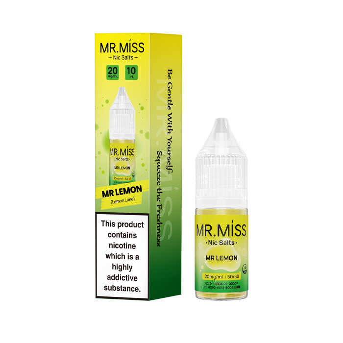 A bottle of Mr Lemon 10ml Nic Salt E-Liquid with the box on a white background