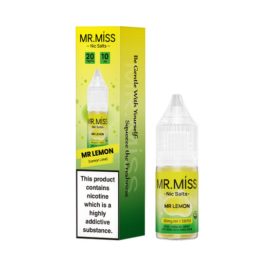 A bottle of Mr Lemon 10ml Nic Salt E-Liquid with the box on a white background