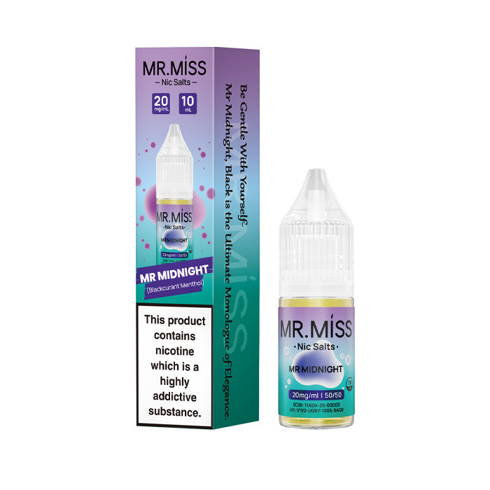 A bottle of Mr Midnight 10ml Nic Salt E-Liquid with the box on a white background