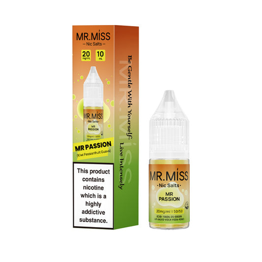 A bottle of Mr Passion 10ml Nic Salt E-Liquid with the box on a white background