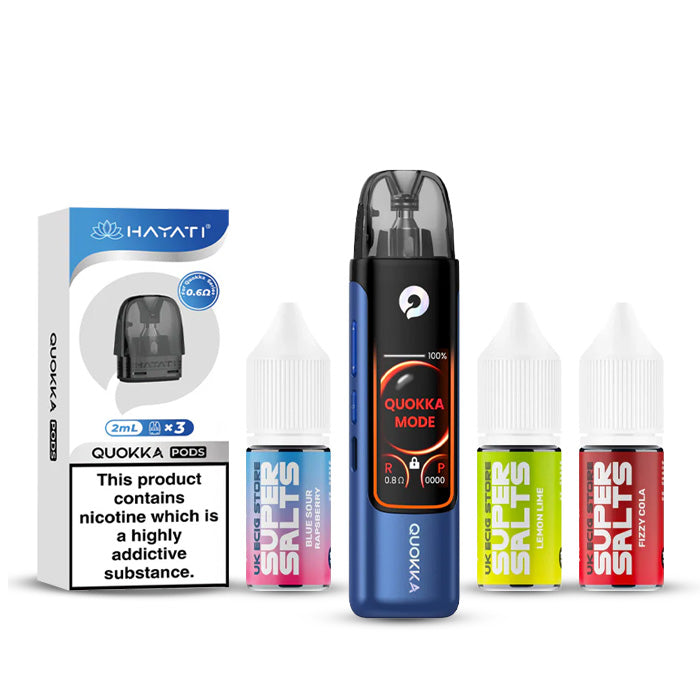 Navy Blue Hayati Quokka Pro Pod Kir with a pack of Quokka Pods and three 10ml Nic Salt E-Liquids