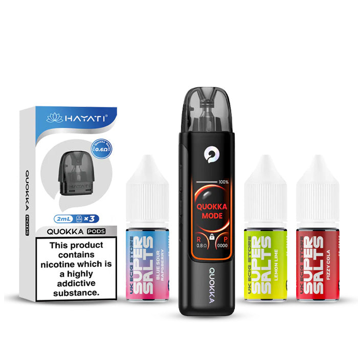 Onyx Black Hayati Quokka Pro Pod Kir with a pack of Quokka Pods and three 10ml Nic Salt E-Liquids