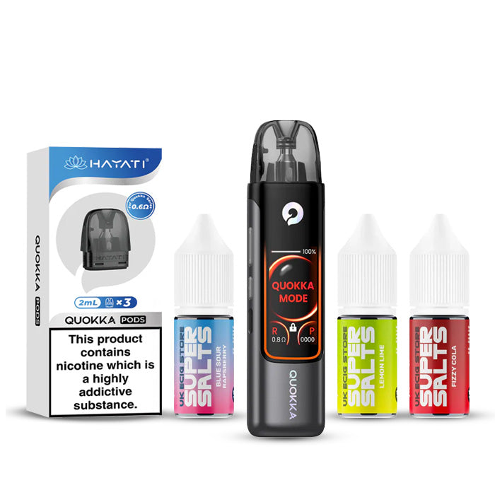 Opal Grey Hayati Quokka Pro Pod Kir with a pack of Quokka Pods and three 10ml Nic Salt E-Liquids