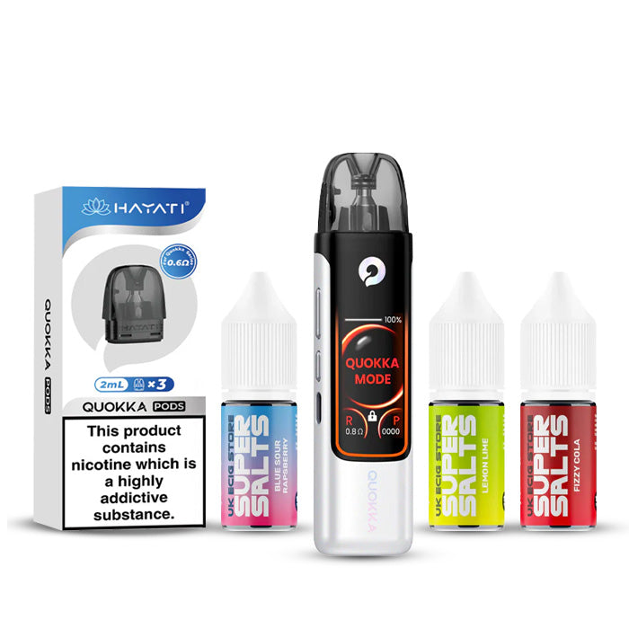 Pearl White Hayati Quokka Pro Pod Kir with a pack of Quokka Pods and three 10ml Nic Salt E-Liquids