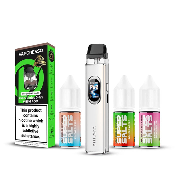 Pearl White Vaporesso Xros 6 Kit with three super salts and a pack of pods