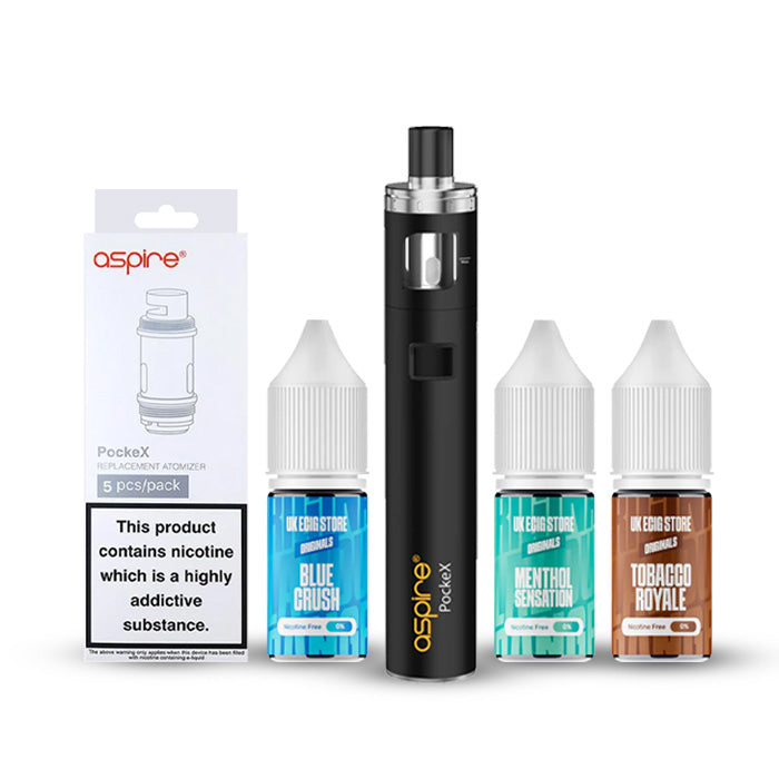 Aspire PockeX with a pack of coils and three nic salts